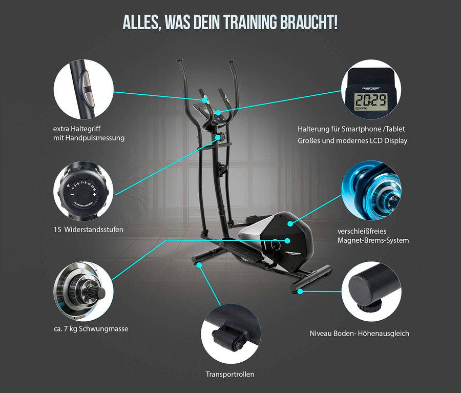 Nahaufnahme eines Christopeit Crosstrainer "CT 5" mit Details zu Widerstandsstufen, Handgriffen und Display.