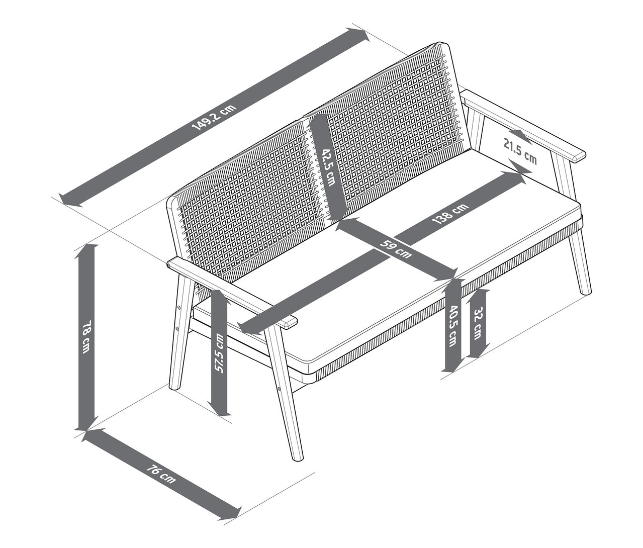 Draufsicht einer Gartensofa-Zeichnung mit Breiten- und Höhenmaßen.