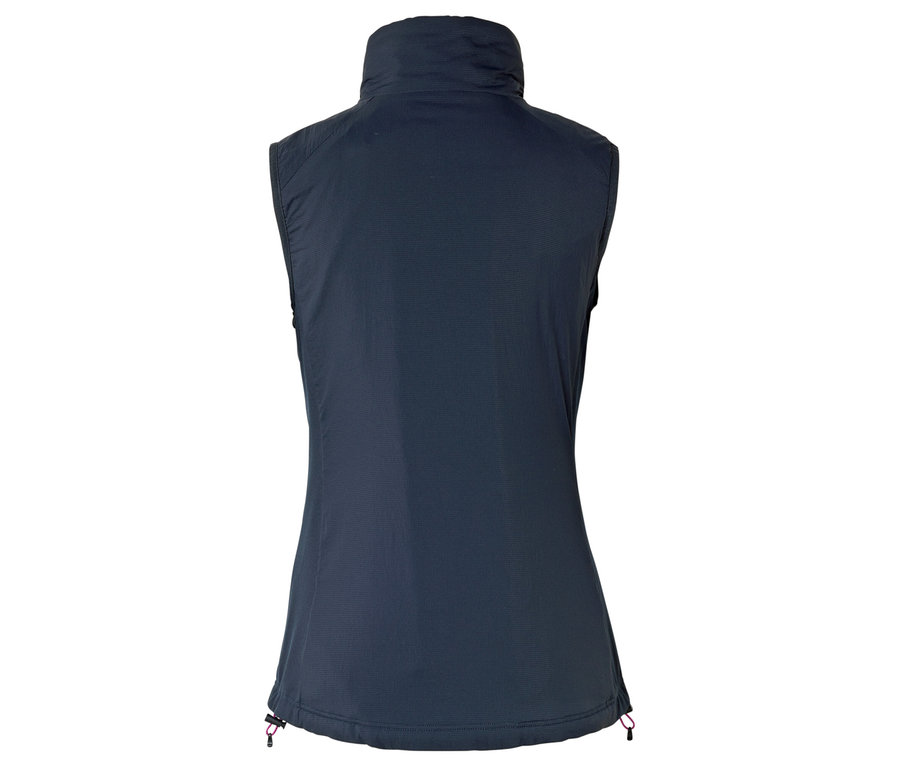 Rückansicht einer marineblauen Stehkragenweste.