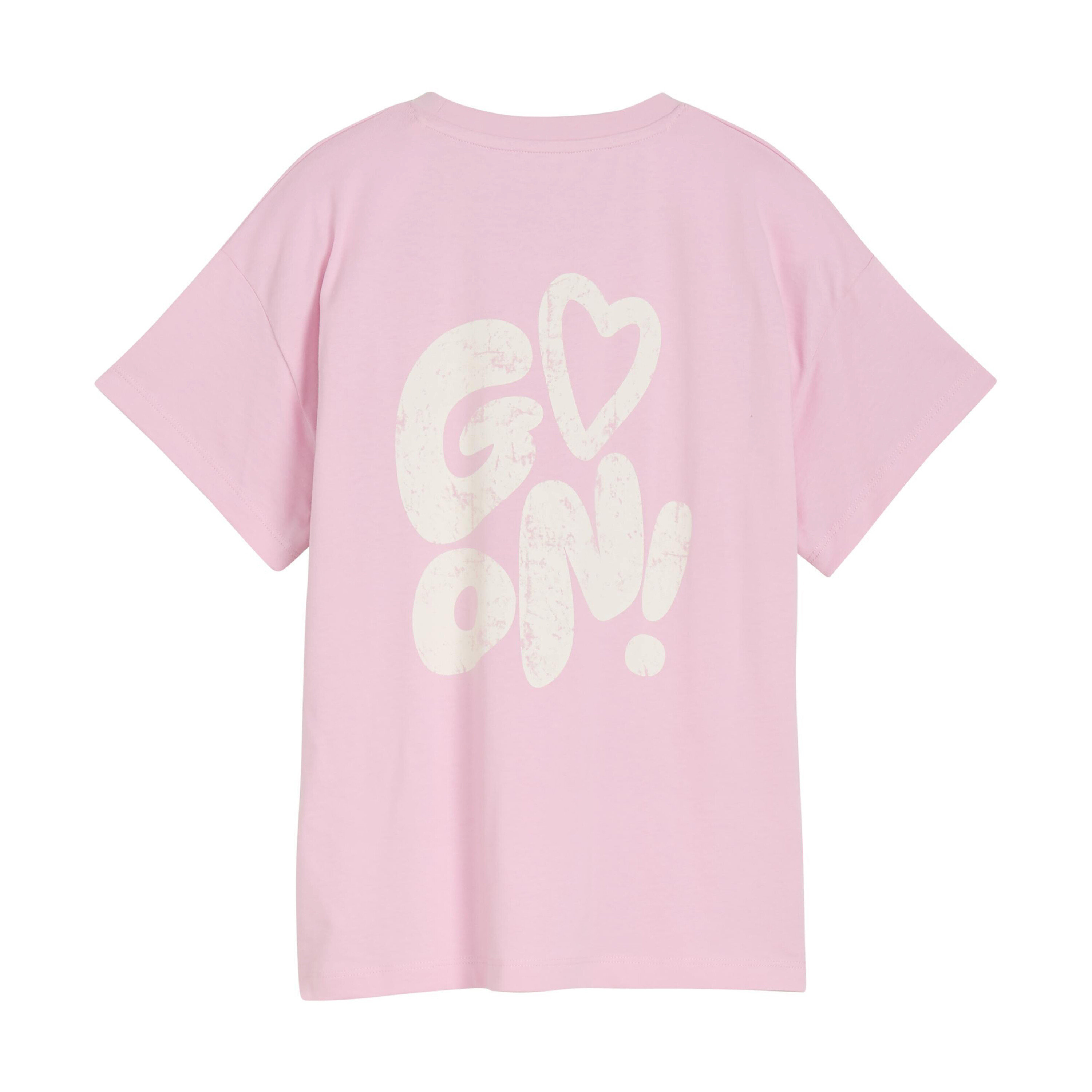 Rückansicht eines Tom Tailor T-Shirts mit Print in Pink.