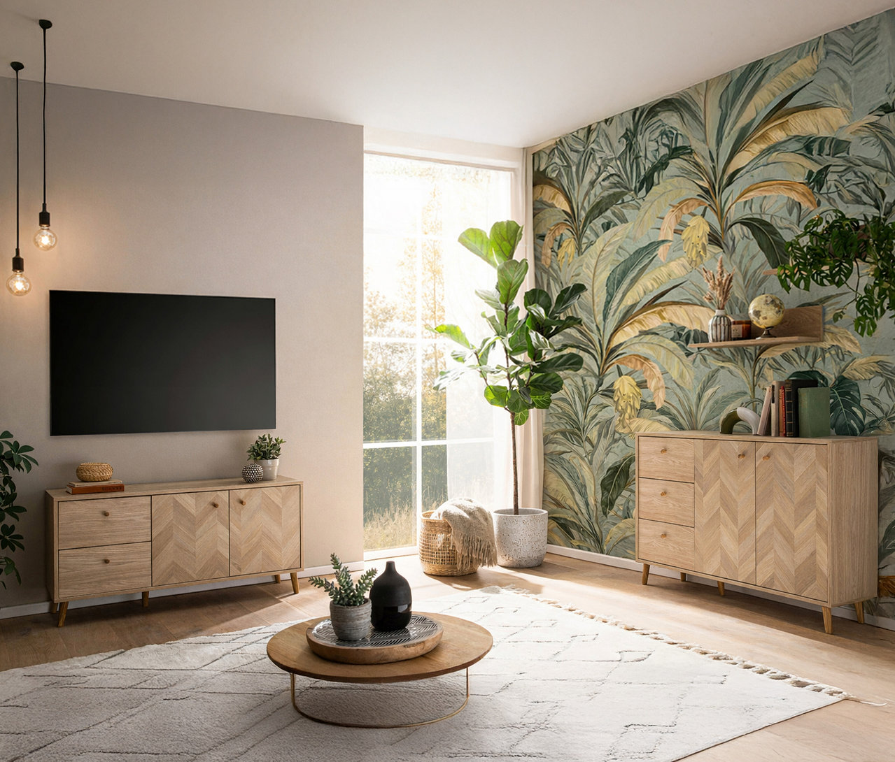 Wohnzimmer mit TV, Sideboards mit Fischgrätmuster, rundem Tisch und Zimmerpflanzen.