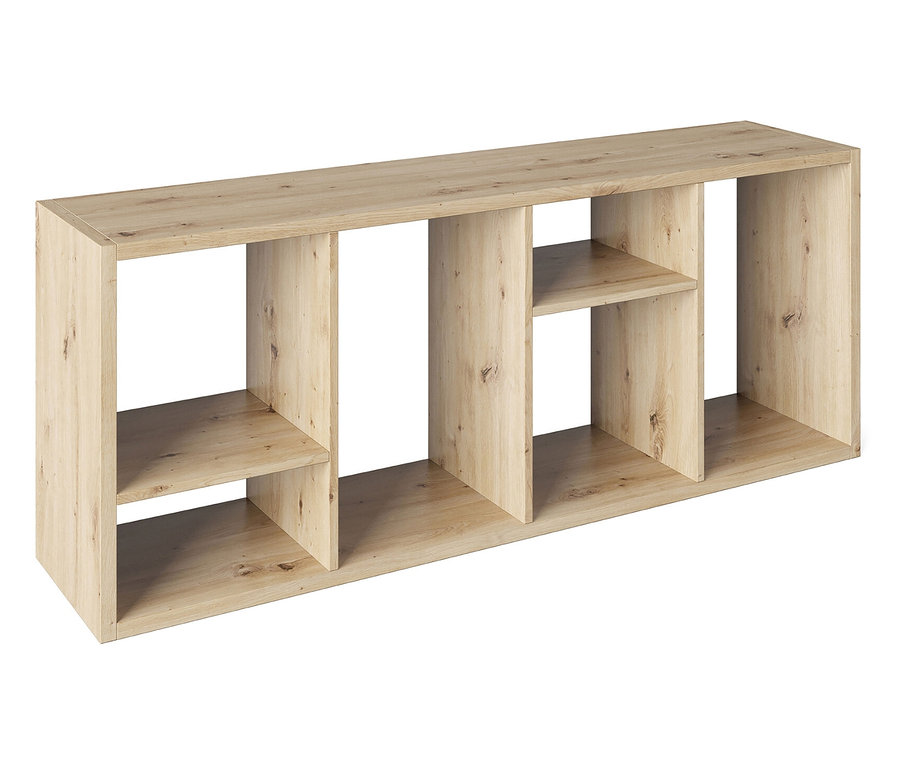 Ein hellbraunes, längliches Bücherregal mit mehreren Fächern steht vor einem weißen Hintergrund.