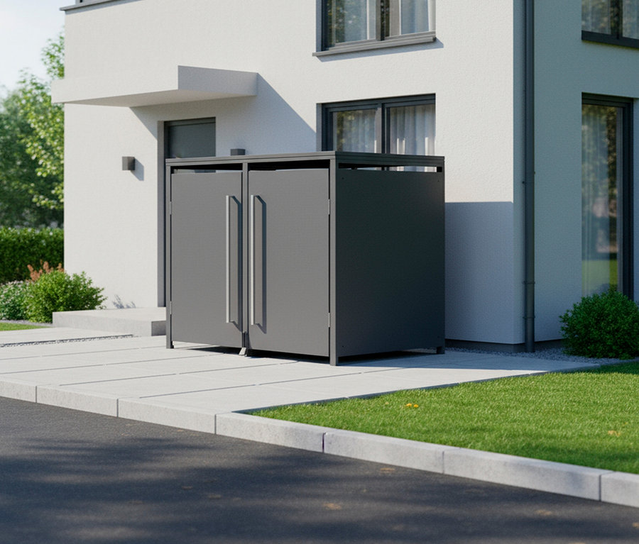 Eine graue Mülltonnenbox mit zwei Türen steht vor einem weißen Haus.
