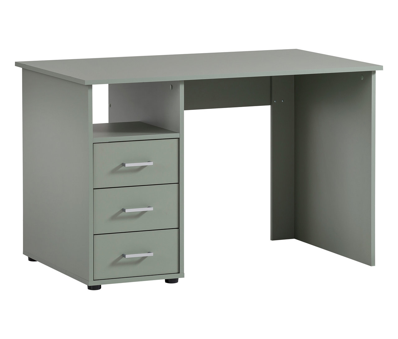 Grauer Schreibtisch mit drei Schubladen.