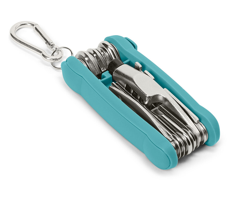 Multifunktionswerkzeug mit Karabinerhaken und türkisfarbenem Gehäuse.
