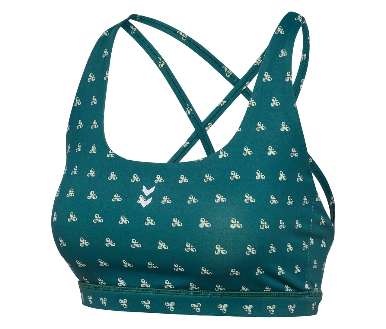 Nahaufnahme von HUMMEL Damen-Sport-BH in Grün mit weißem Muster und gekreuzten Trägern.