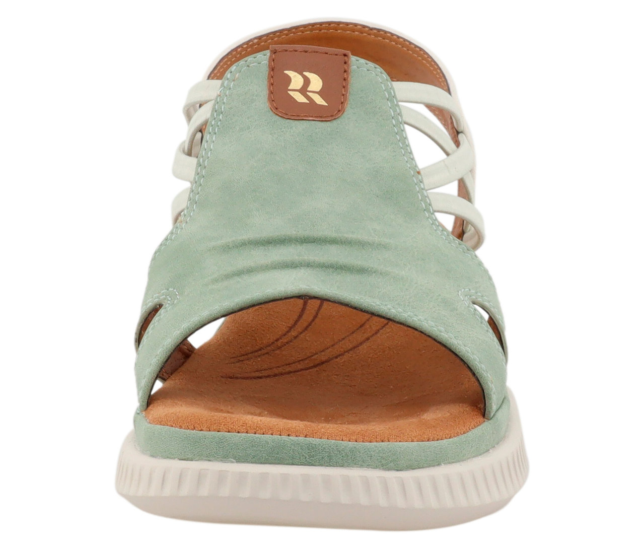 Nahaufnahme einer einzelnen, hellgrünen Sandale mit weißen Riemchen.