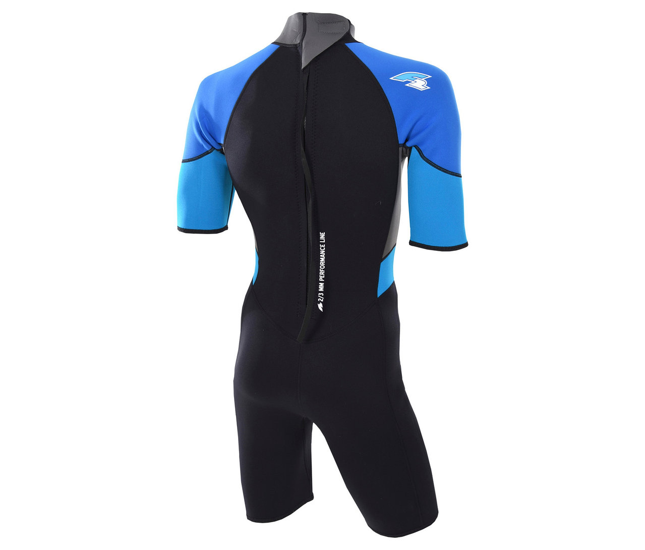 Rückansicht eines schwarzen Neoprenanzugs mit blauen Ärmeln und Schultern, Reißverschluss am Rücken.