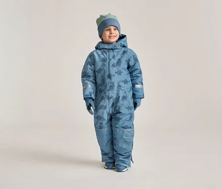 Blauer Kinder-Schneeanzug von Tchibo mit Kapuze und Dinosaurier-Muster