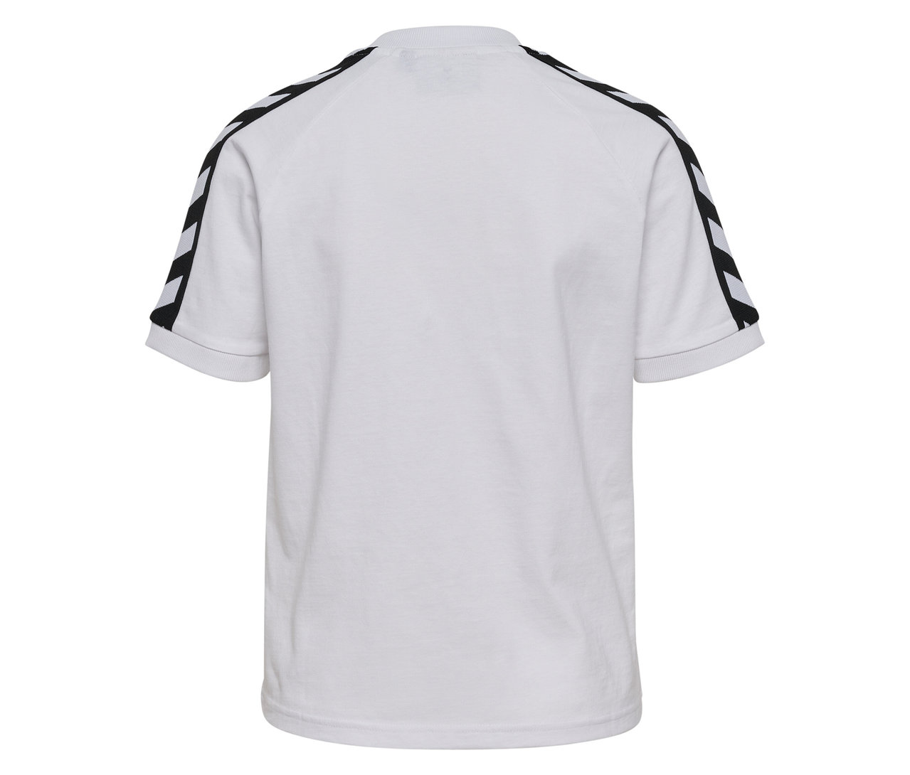 Weißes hummel® Damen-T-Shirt mit kurzen Ärmeln und schwarzen und weißen Streifen an den Schultern, von hinten gesehen.