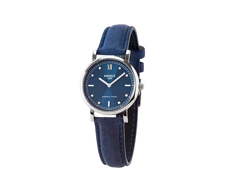Kienzle Uhr »Bella Moderna« mit blauem Zifferblatt, silbernem Gehäuse und blauem Lederarmband.