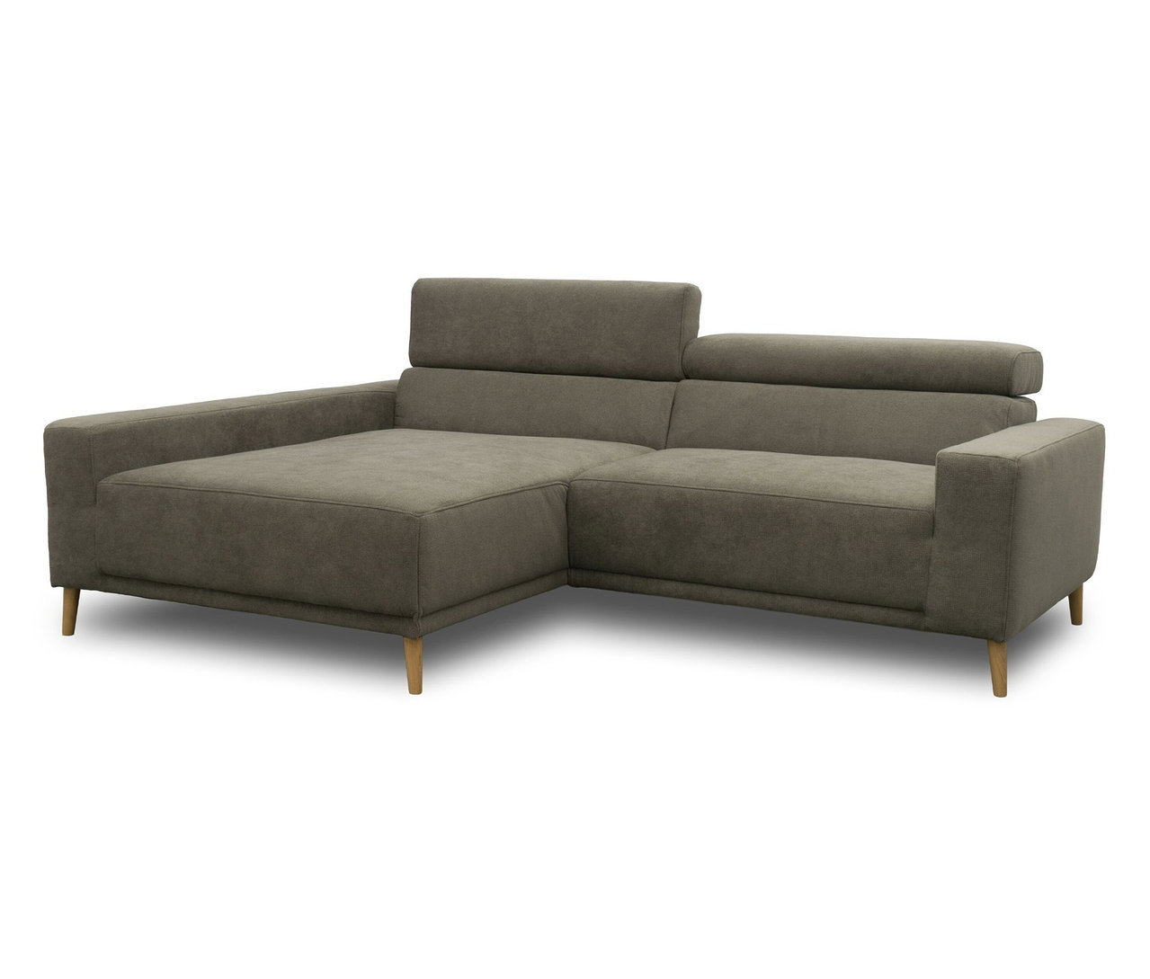 DOMO Sofa Malmö, L-förmig, grau, mit Longchair links, verstellbaren Kopfstützen und Holzfüßen.