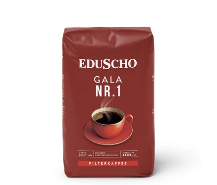 Eine Packung Eduscho Gala Nr. 1 Filterkaffee. Auf der Packung ist eine Tasse Kaffee abgebildet.