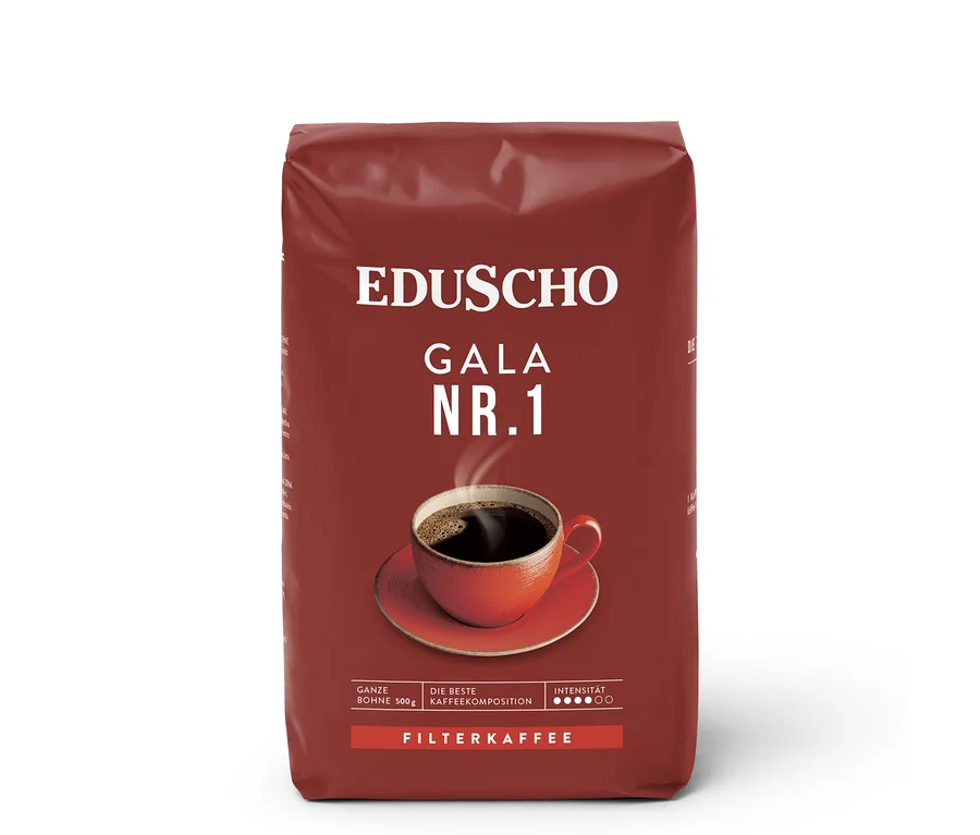 Eine Packung Eduscho Gala Nr. 1 Filterkaffee. Auf der Packung ist eine Tasse Kaffee abgebildet.