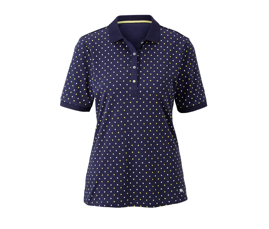 Marineblaues Poloshirt im Punkte-Dessin mit kurzen Ärmeln.