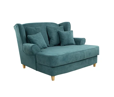 Türkisfarbenes Chaiselongue-Sofa mit hoher Rückenlehne, gerollten Armlehnen, vier passenden Kissen und hellen Holzbeinen.