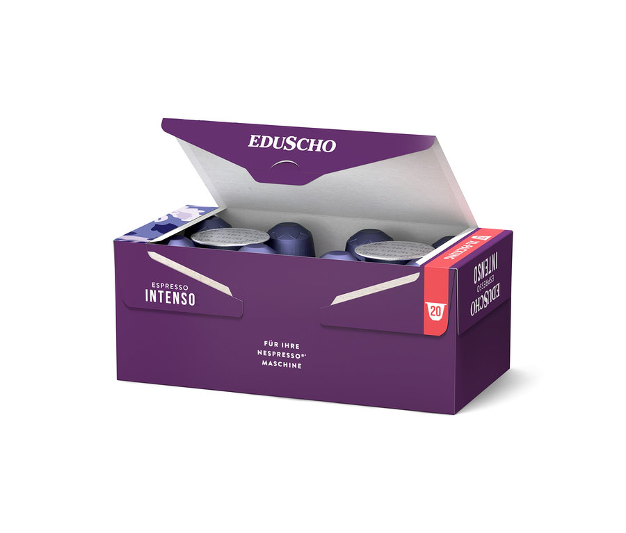 Geöffnete lila Eduscho Espresso Intenso Kapselbox mit 20 Kapseln für Nespresso Maschinen.