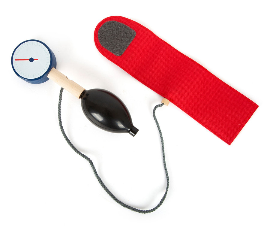 Arzt-Blutdruckmessgerät mit roter Manschette.