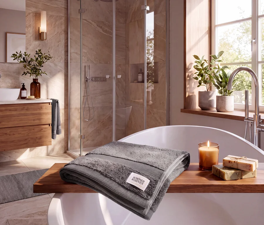 Ein anthrazitfarbenes Badetuch der SCHÖNER WOHNEN-Kollektion »Cuddly« liegt gefaltet auf einem Holzbadebrett über einer weissen Badewanne. Daneben brennt eine Kerze und liegen Seifenstücke. Im Hintergrund ist eine Dusche und ein Fenster mit Pflanzen zu sehen.