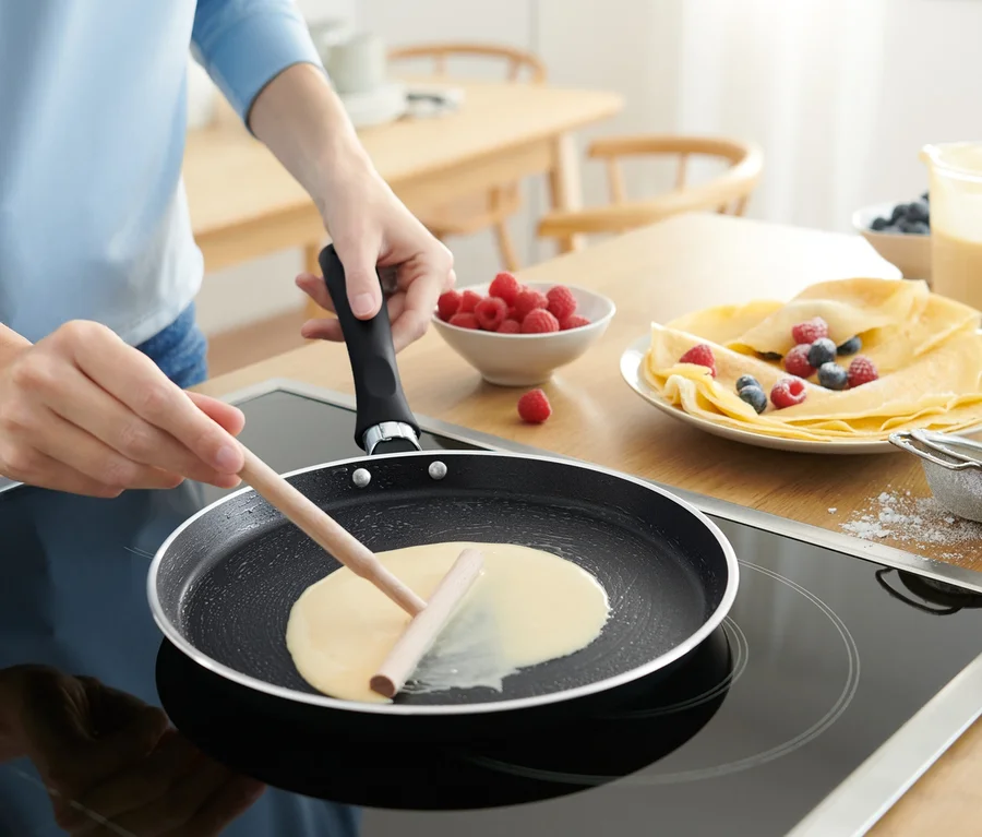 Frau verteilt Teig in einer BALLARINI Positano Crêpepfanne aus Aluminium.