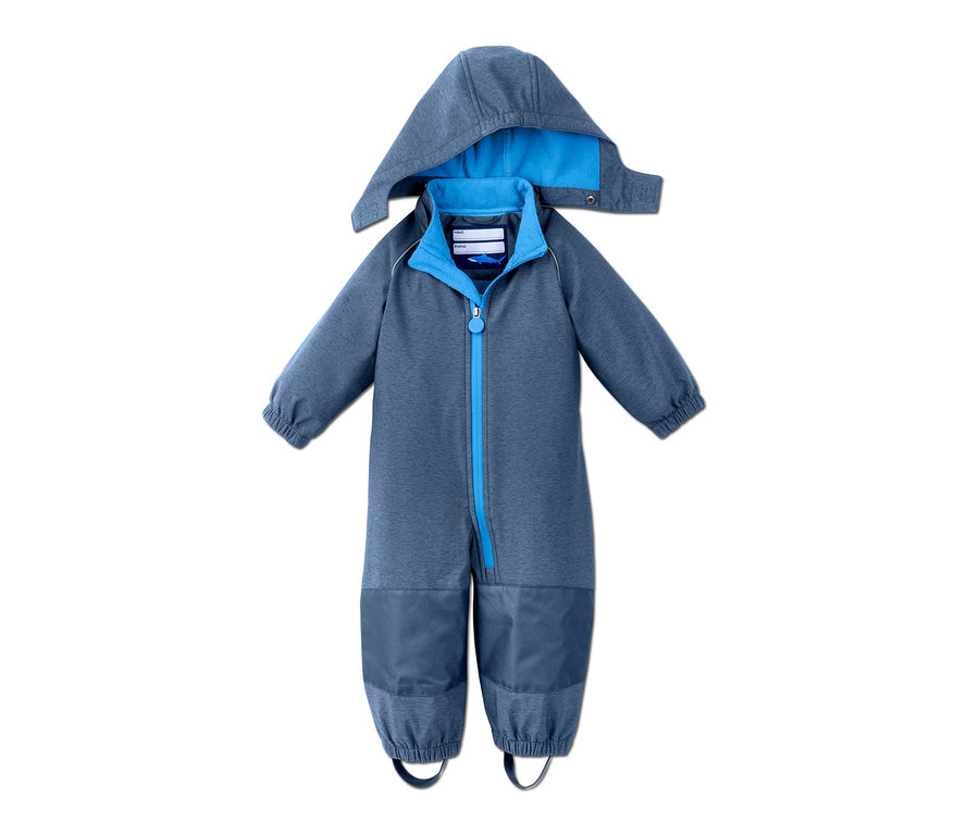 Blauer Softshelloverall mit Kapuze und blauem Reißverschluss.