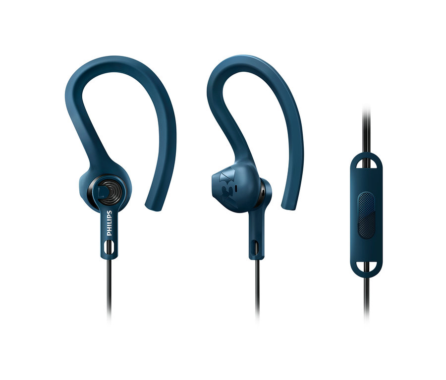 Nahaufnahme von blauen Philips-Sportkopfhörern »ActionFit«.