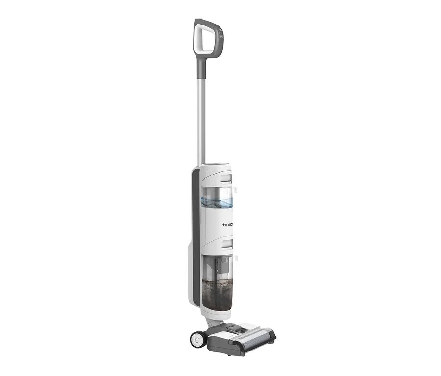 Ein weißer, kabelloser Tineco Nass- und Trockensauger iFloor Breeze Essentials vor einem weißen Hintergrund.