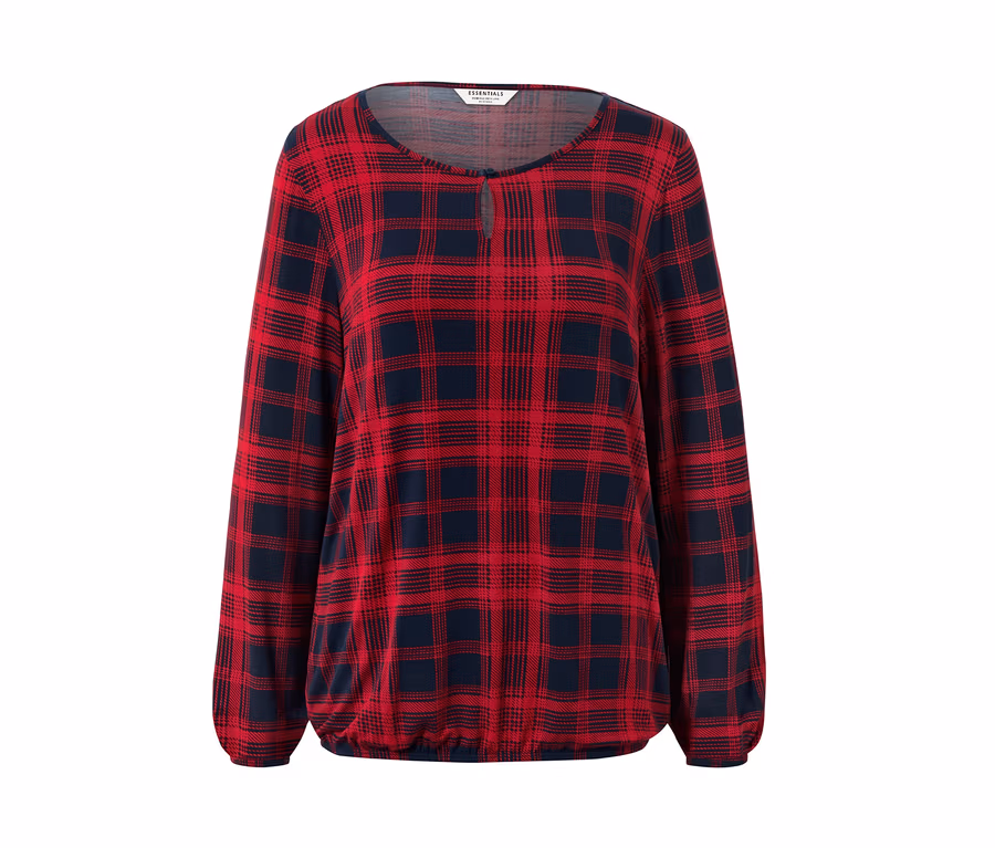 Rot-blaues Blusenshirt, kariert, mit langen Ärmeln.