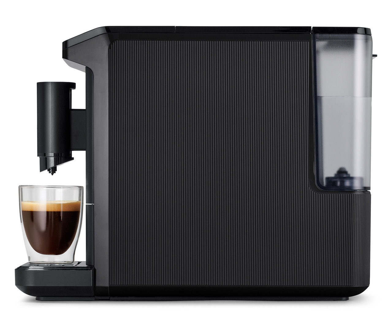 Detailaufnahme eines »Esperto mini« Kaffeevollautomaten, Black mit Tasse.