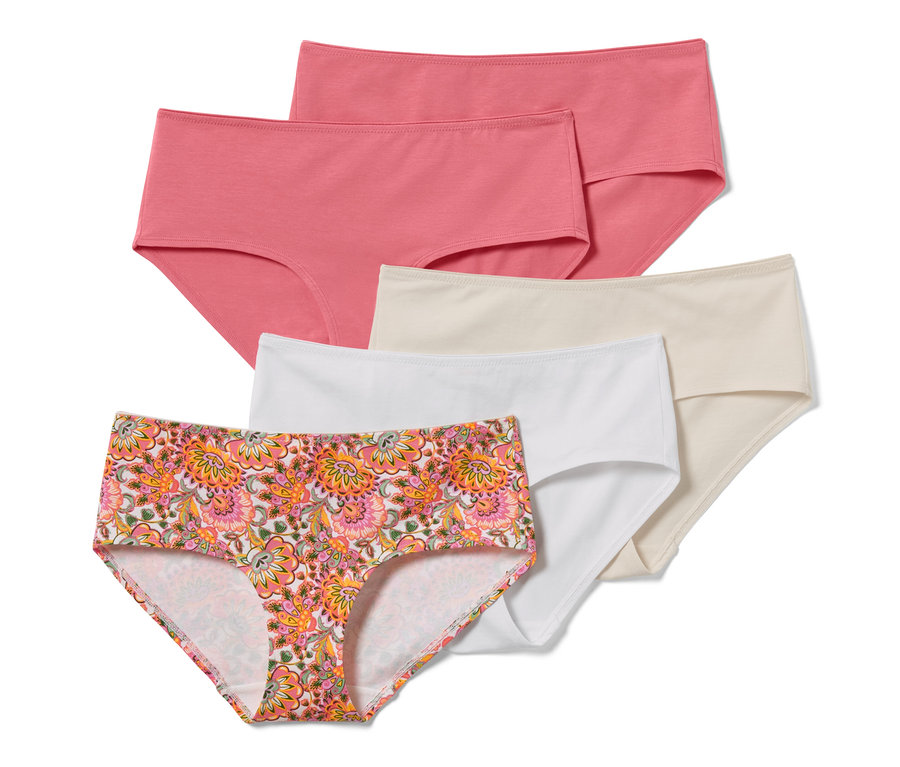 Fünf Pantys in verschiedenen Farben und Mustern.
