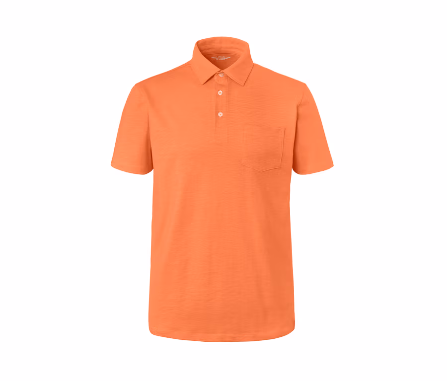 Orangefarbenes Jersey-Poloshirt.