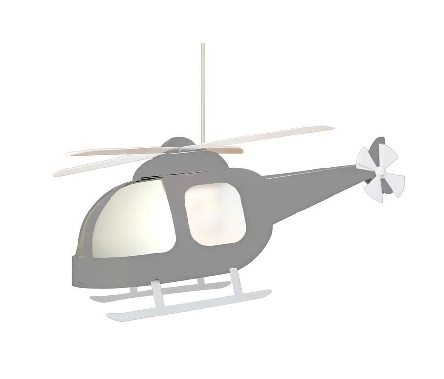 Graue Deckenleuchte in Form eines Helikopters mit weißen Rotoren.