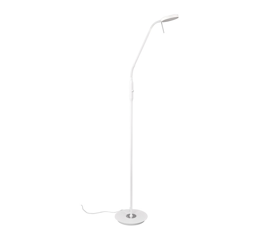 Weiße Trio LED-Stehleuchte »Monza« mit flexiblem Arm und rundem Sockel.