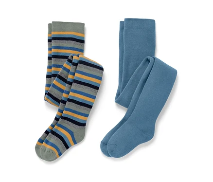 2 Kinder-Thermostrumpfhosen, blau und mehrfarbig.