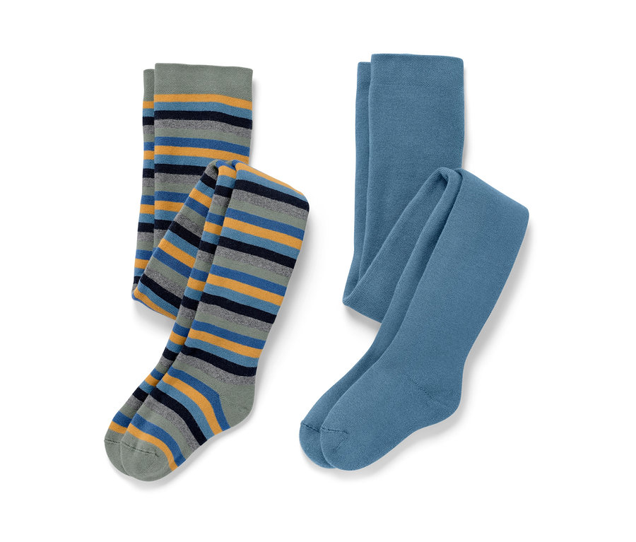 2 Kinder-Thermostrumpfhosen, blau und mehrfarbig.