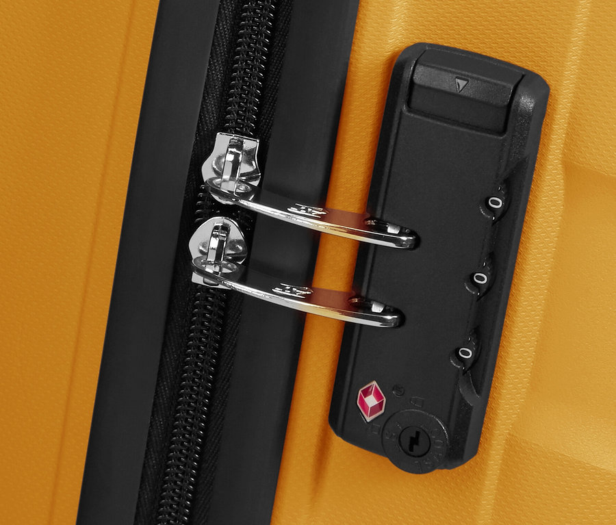 Detailaufnahme eines American Tourister Jetdriver 3.0 Koffers in Banana Cream Farbe mit schwarzem Reißverschluss und Zahlenschloss.