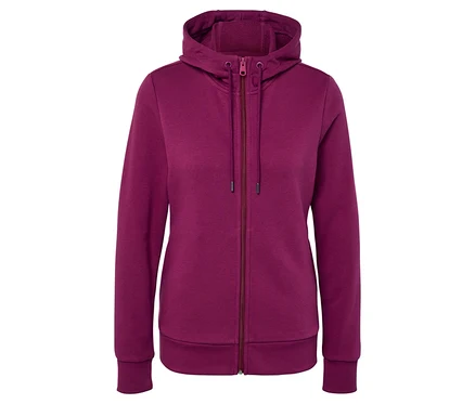 Ein violetter Kapuzenpullover mit Reißverschluss.