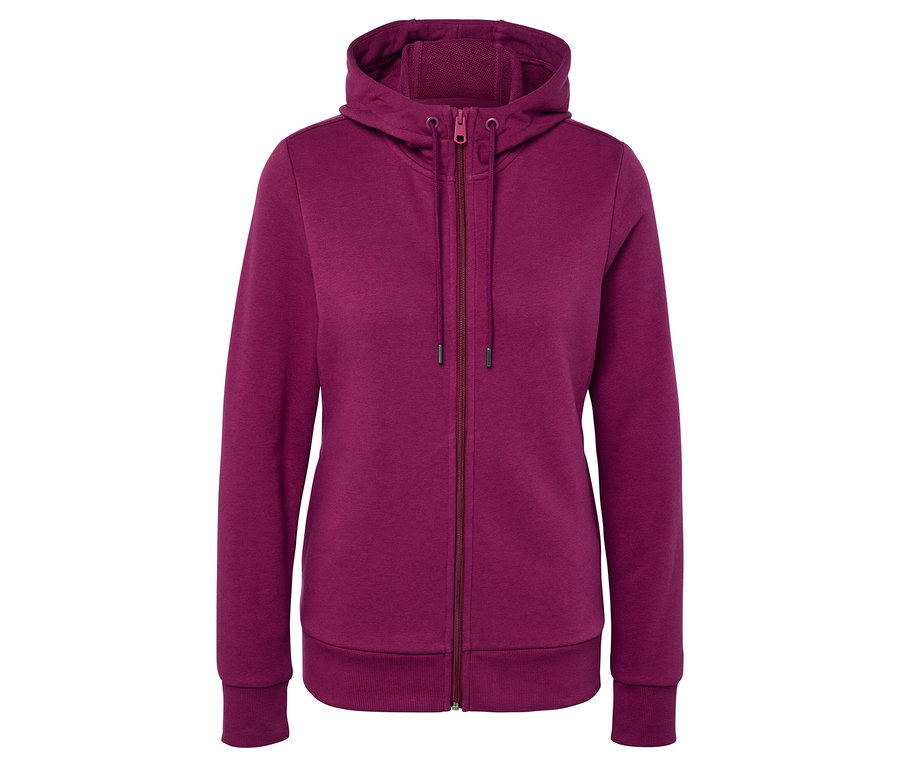 Ein violetter Kapuzenpullover mit Reißverschluss.