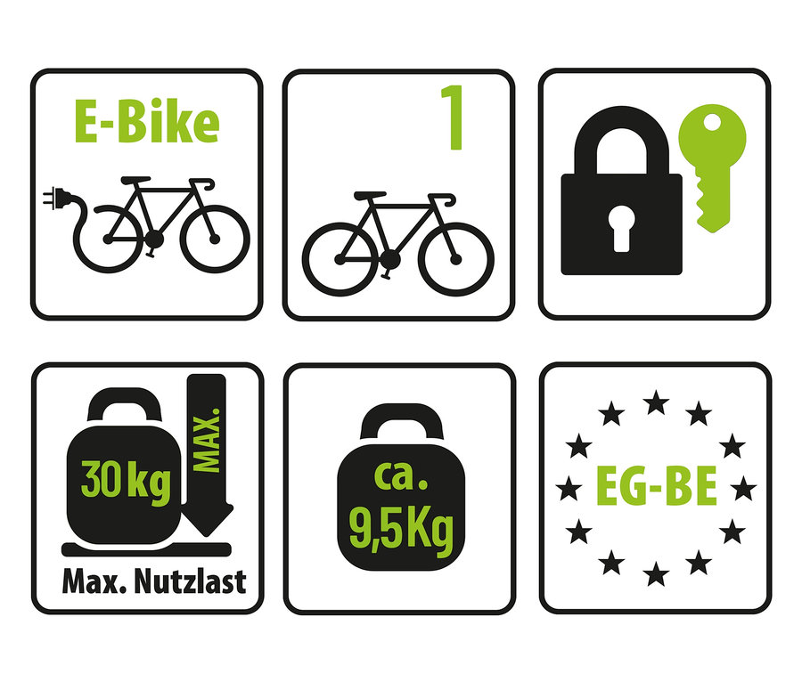 Illustrationen zeigen E-Bike, Fahrrad, Schloss mit Schlüssel, 30 kg Gewicht, 9,5 kg Gewicht und EG-BE Siegel.