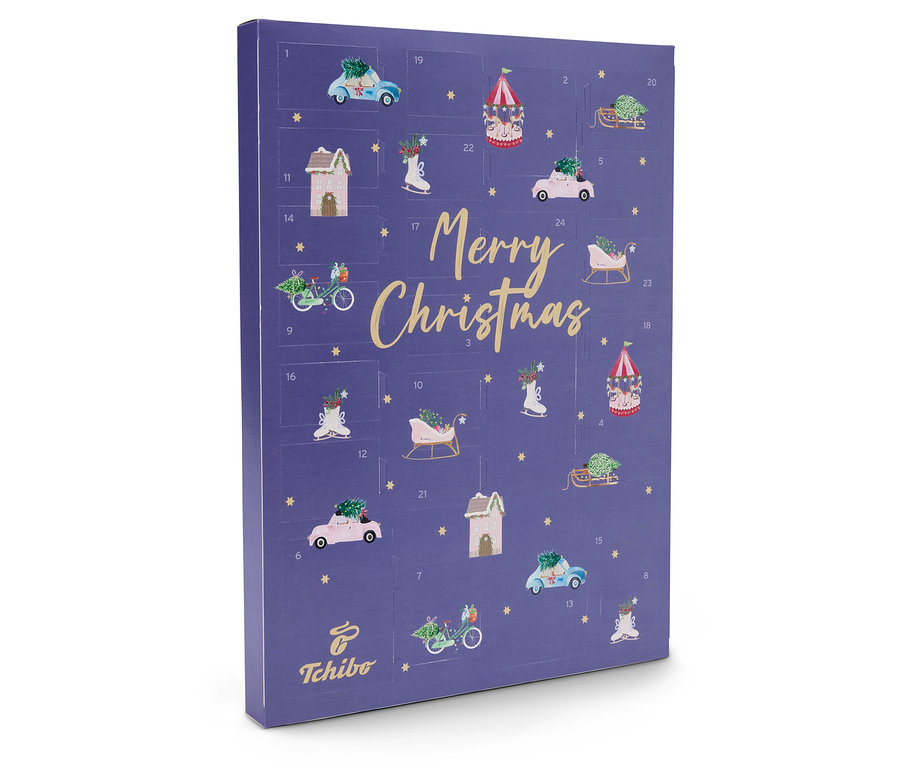 Lila Tchibo Adventskalender mit Weihnachtsmotiven.