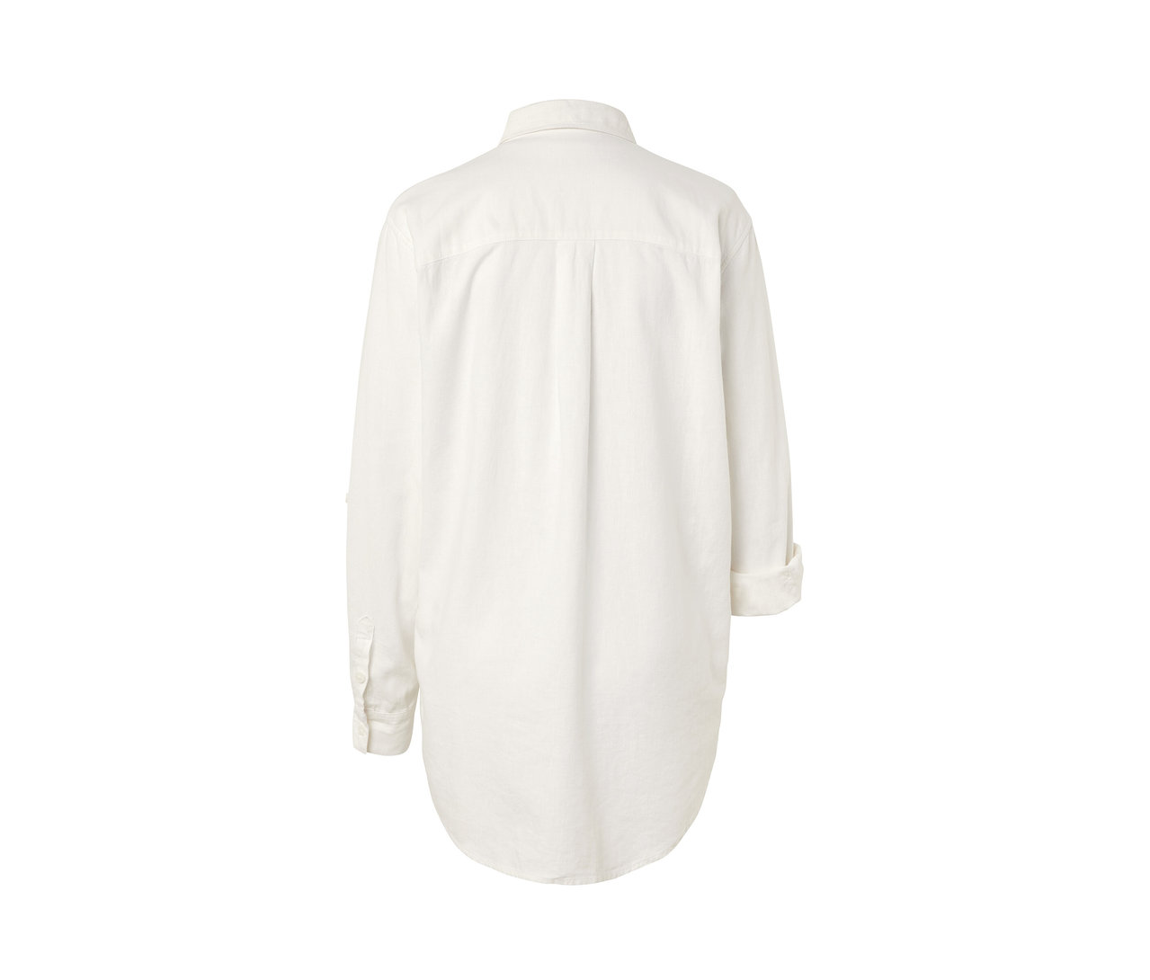 Rückansicht einer langen Leinenbluse, weiß.