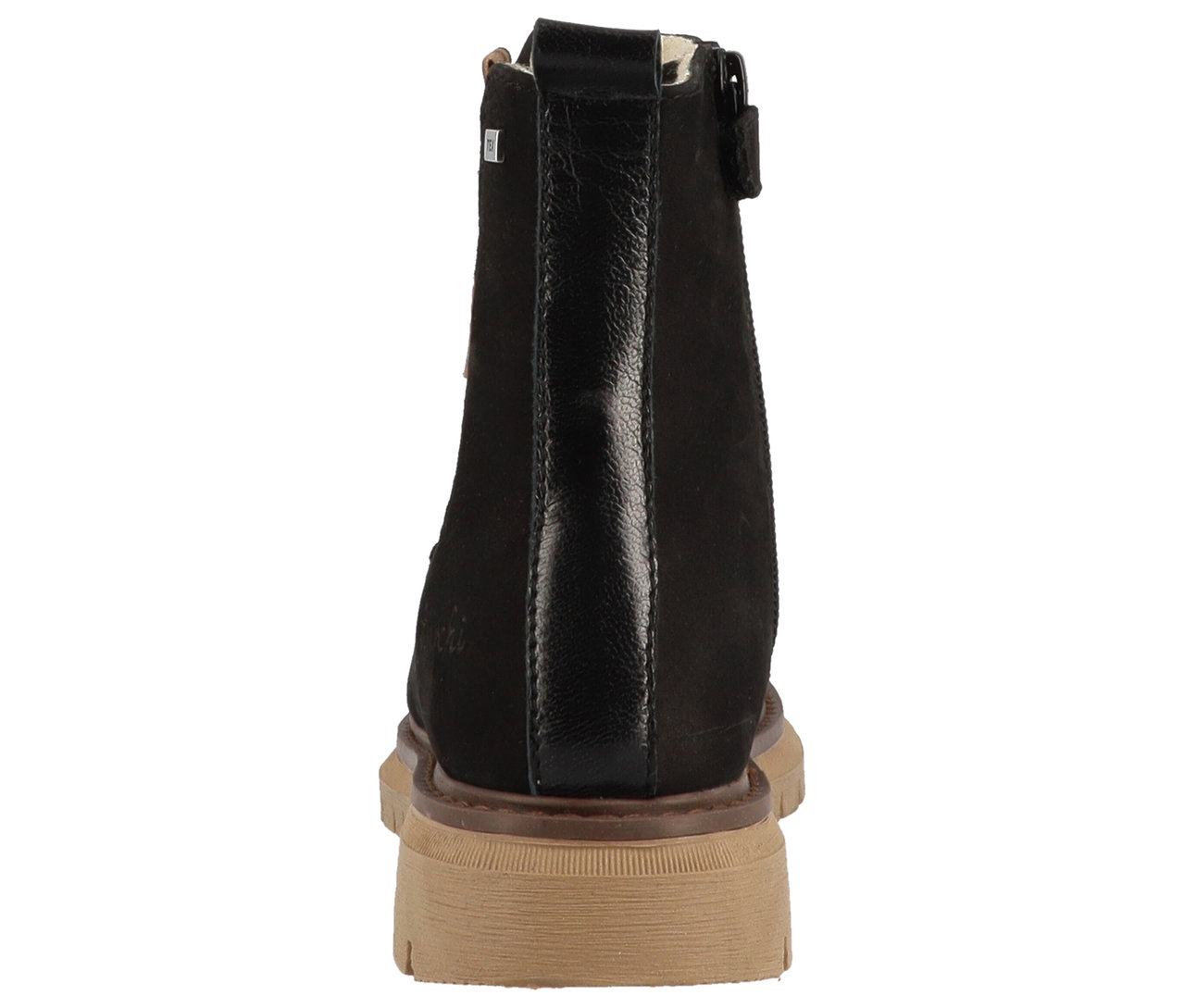 Schwarzer LURCHI »Elena-TEX« Stiefel mit brauner Sohle von hinten.