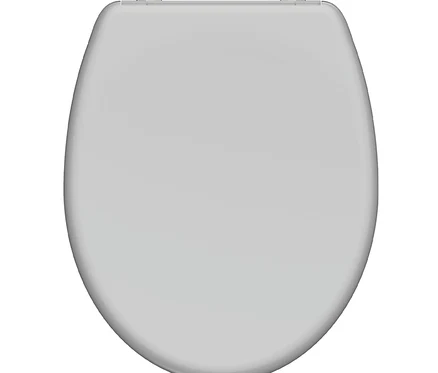 Draufsicht auf einen geschlossenen, weißen Toilettensitz.
