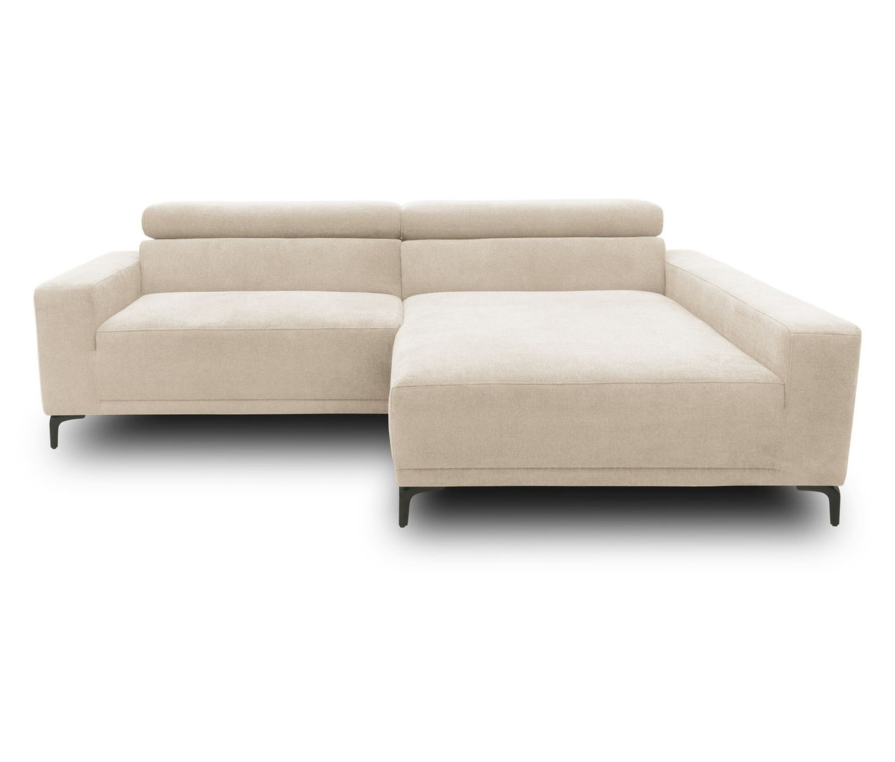 Cremefarbenes DOMO Eck-Schlafsofa mit Hocker, rechtsbündig.