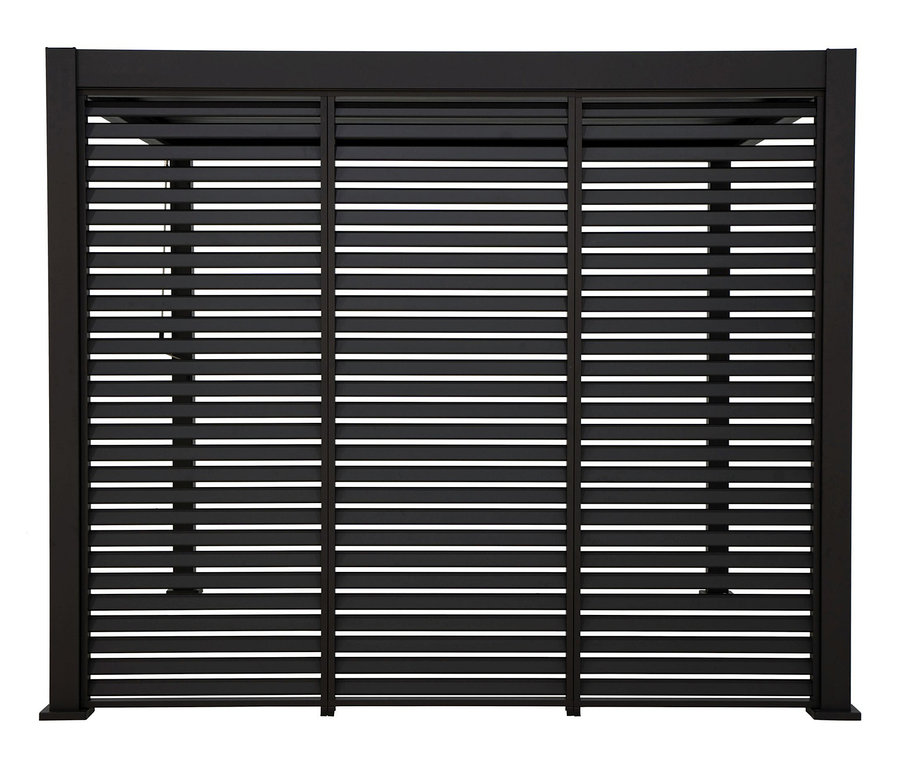 Schwarze Leco Premium Pergola, 3 x 4 m, inklusive 2 Seitenwände, Holzdekor.