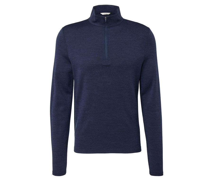 Dunkelblaues Funktionsshirt mit RWS-zertifizierter Wolle und kurzem Reißverschluss.