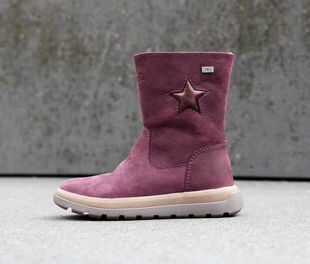 Einzelner lilafarbener LURCHI »Romisha-TEX« Stiefel mit Stern-Applikation.