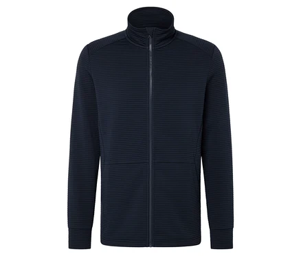Dunkelblaue Strickjacke mit durchgehendem Reißverschluss und hohem Kragen.