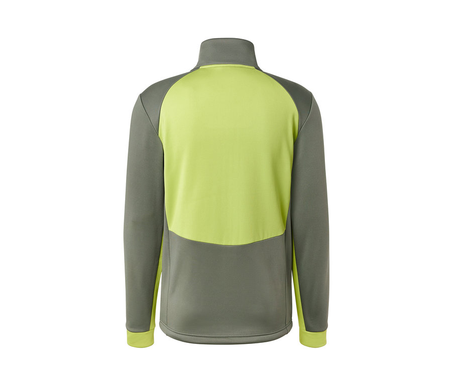 Rückansicht einer Thermojacke in Khaki und Limette.