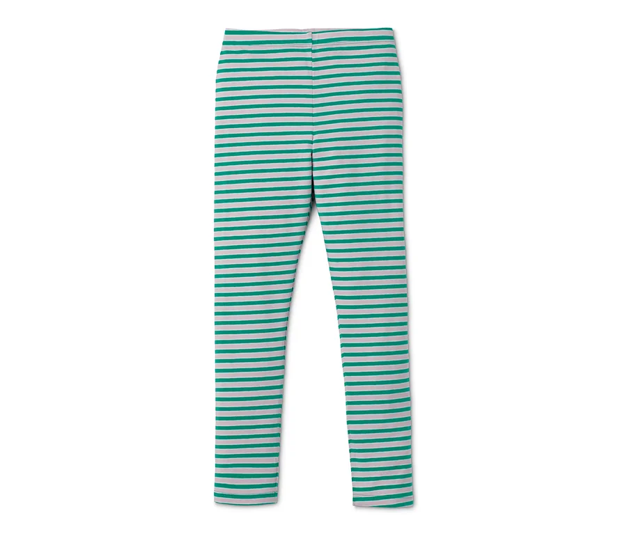 Zwei Leggings mit horizontalen grünen und weißen Streifen.